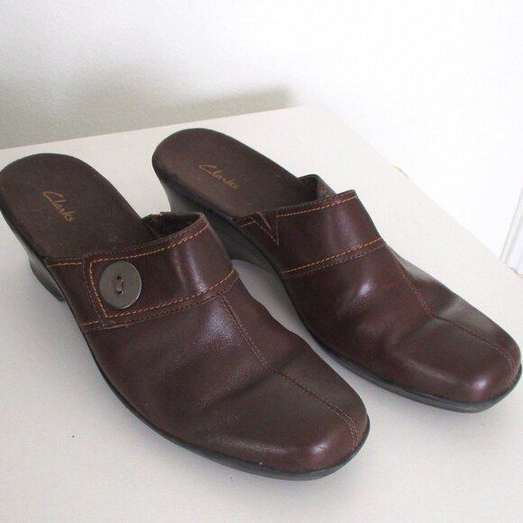 Clarks Womens Brown Leather Mule w/2.5" Block Heel - Size 9M - Picture 1 of 9